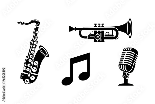 Musical Instruments and Microphone Icons A Collection of Jazz and Performance Symbols