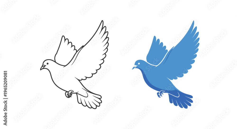Fototapeta premium Vector graphic illustration showing outline and solid blue silhouette of a dove in flight