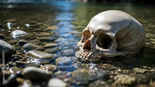 Slow motion tracking shot of human skull resting on pebbled riverbed in shallow stream with sunlight reflections