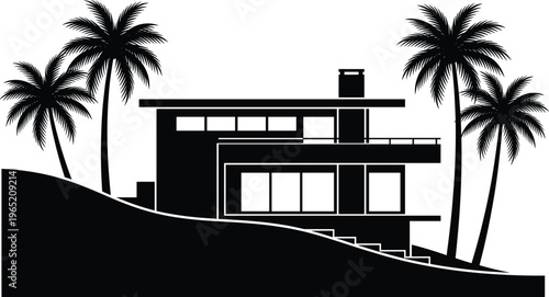 Modern luxury villa silhouette on a hill with palm trees featuring minimalist architectural design flat roof and large windows for tropical real estate
