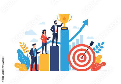 Modern flat vector illustration of business growth concept with professionals on rising bar chart, upward arrow trend, target board and trophy symbol