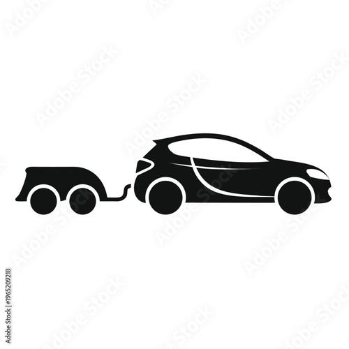 Car towing trailer, vehicle transport icon, black silhouette, transportation symbol, flat design
