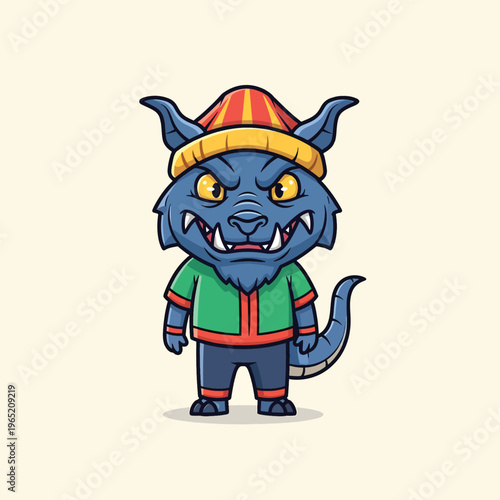 A cartoonish blue creature with sharp teeth, horns, and a tail, wearing a colorful hat and jacket, stands facing forward on a cream background