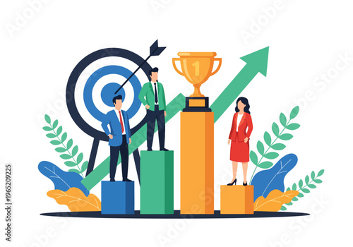 Modern flat vector illustration of business growth concept with professionals on rising bar chart, upward arrow trend, target board and trophy symbol