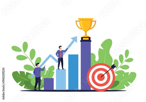Modern flat vector illustration of business growth concept with professionals on rising bar chart, upward arrow trend, target board and trophy symbol