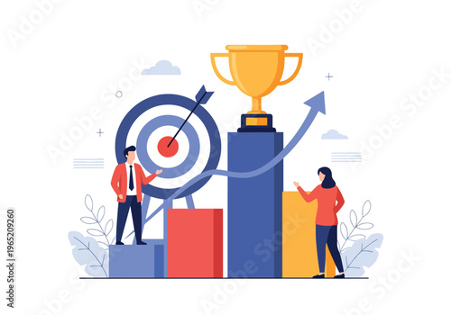 Modern flat vector illustration of business growth concept with professionals on rising bar chart, upward arrow trend, target board and trophy symbol