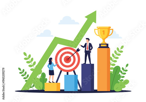 Modern flat vector illustration of business growth concept with professionals on rising bar chart, upward arrow trend, target board and trophy symbol