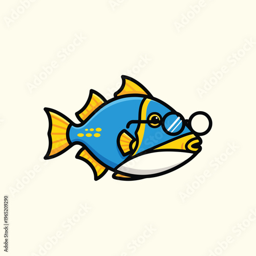 A cartoon-style illustration of a fish. The fish is blue with yellow fins and has round glasses. The background is cream-colored