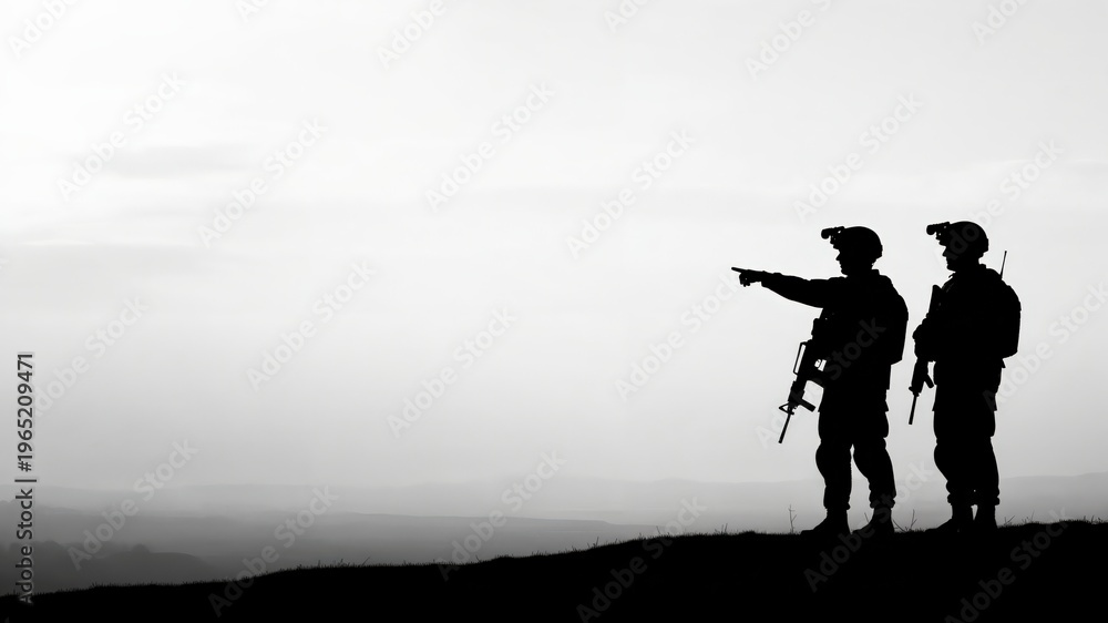 Fototapeta premium Silhouette of Two Special Forces Soldiers on Reconnaissance Mission at Dawn