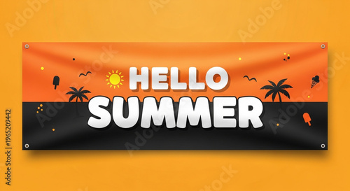 Horizontal Hello Summer outdoor banner mockup with tropical beach theme and palm tree illustrations over an orange background