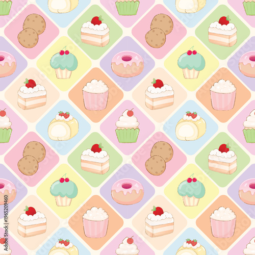 Cute Kawaii Dessert Seamless Pattern with Cupcakes Cookies Donuts and Cakes on Pastel Diamond Background