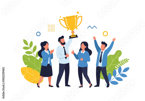 Modern flat vector illustration of business team celebrating success holding large golden trophy, corporate achievement concept