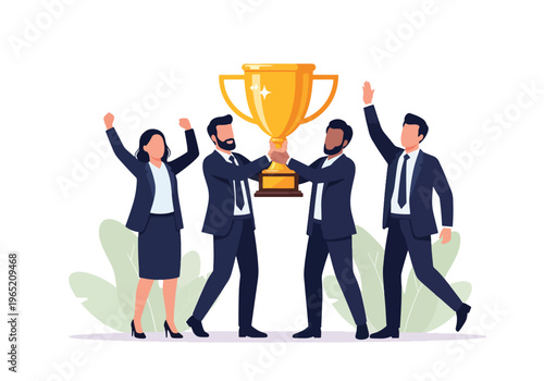 Modern flat vector illustration of business team celebrating success holding large golden trophy, corporate achievement concept