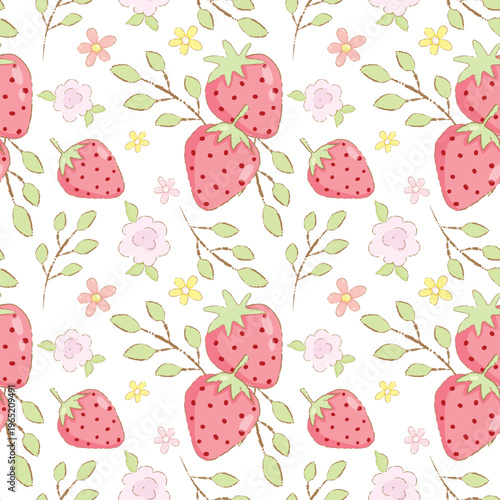 Cute Kawaii Strawberry and Floral Seamless Pattern with Leaves Branches and Flowers on White Background