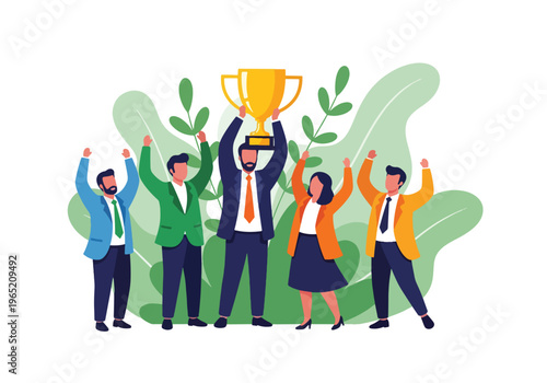 Modern flat vector illustration of business team celebrating success holding large golden trophy, corporate achievement concept