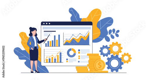 Modern flat vector illustration of financial analytics dashboard with charts and coins, business investment growth and performance analysis concept