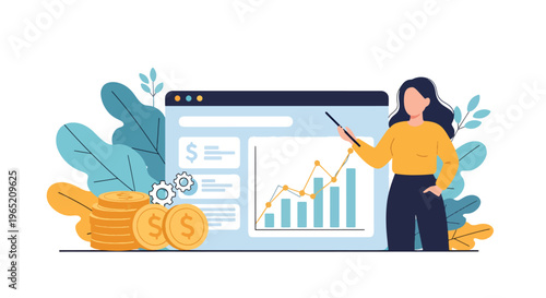 Modern flat vector illustration of financial analytics dashboard with charts and coins, business investment growth and performance analysis concept