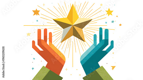 Colorful hands reaching for a golden star symbolizing achievement