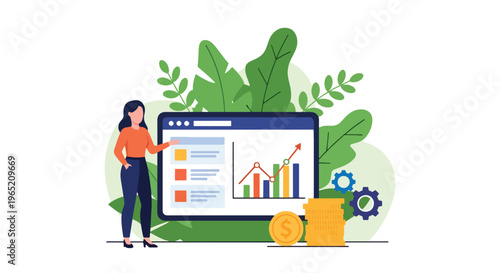Modern flat vector illustration of financial analytics dashboard with charts and coins, business investment growth and performance analysis concept
