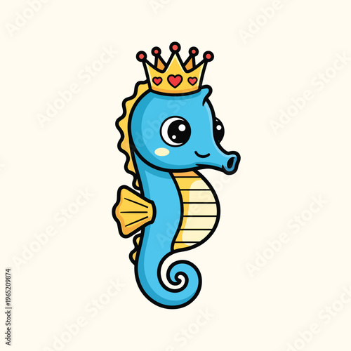 A cartoon seahorse is depicted with a regal crown, rendered in a cheerful style. Its body is bright blue, complemented by yellow fins