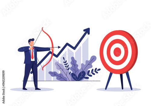 Modern flat vector illustration of businessman hitting target with arrow and upward growth chart, goal achievement and performance concept