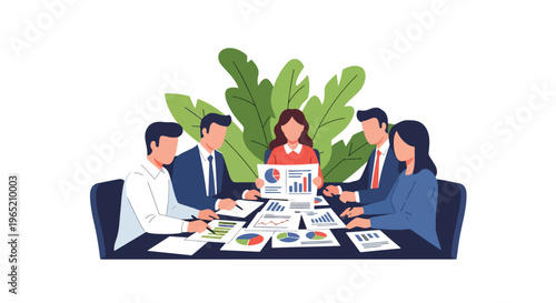 Modern flat vector illustration of business strategy planning session with team analyzing charts and documents, corporate workflow concept