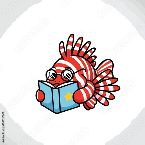 A cartoonish, red and white striped fish with glasses is reading a blue book with a golden star on it. It’s set on a textured white background
