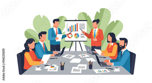 Modern flat vector illustration of business strategy planning session with team analyzing charts and documents, corporate workflow concept