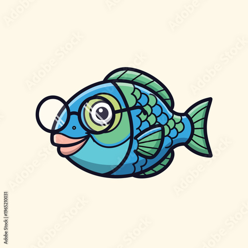 A cartoon-style fish with blue and green scales wearing round glasses smiles. It has fins, a tail, and is against an off-white background