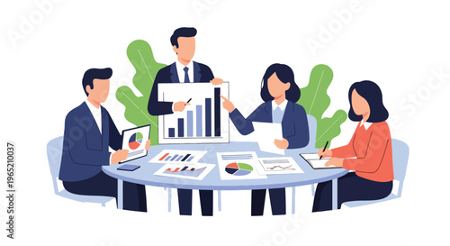 Modern flat vector illustration of business strategy planning session with team analyzing charts and documents, corporate workflow concept