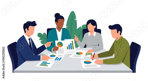 Modern flat vector illustration of business strategy planning session with team analyzing charts and documents, corporate workflow concept