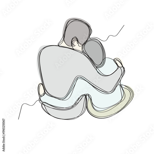 One continuous line drawing of a couple sitting and embracing with colors illustration vector isolated on white background