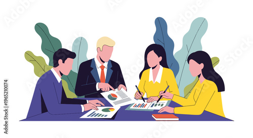 Modern flat vector illustration of business strategy planning session with team analyzing charts and documents, corporate workflow concept
