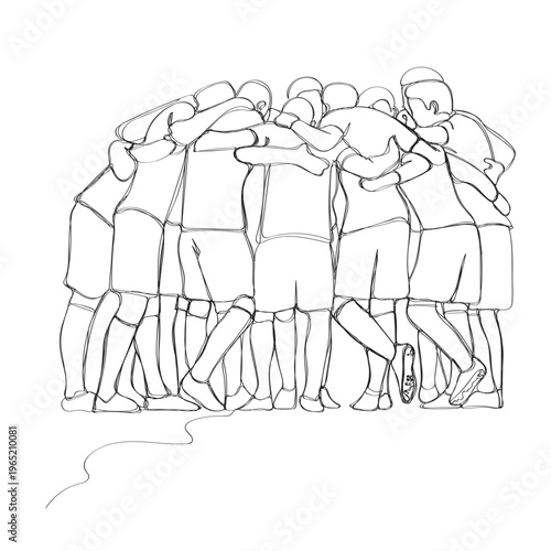 Continuous line of soccer team huddled in a circle for team spirit illustration vector isolated on white background