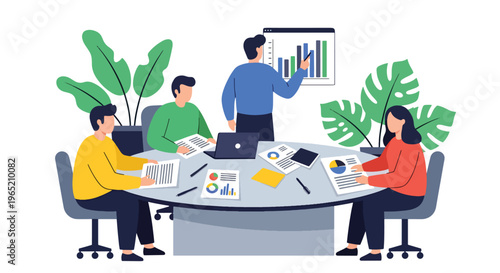 Modern flat vector illustration of business strategy planning session with team analyzing charts and documents, corporate workflow concept