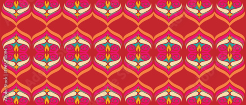Vibrant ethnic pattern on red background seamless decorative ornamental fabric textile wallpaper tiling graphic design.