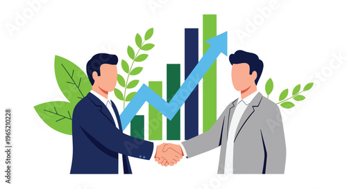 Modern flat vector illustration of business partnership handshake with upward growth chart, corporate collaboration concept