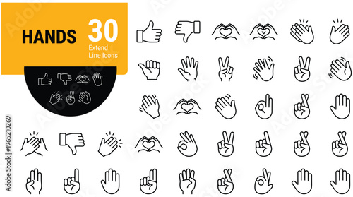 Collection of 30 hand icons on white background for gestures and signs