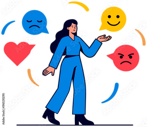 A woman experiences various emotions with emoticons floating around her.