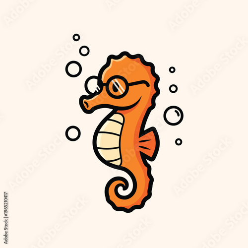 A cartoon seahorse is depicted with a smiling expression, sporting glasses. Bubbles surround it, set on a simple cream background