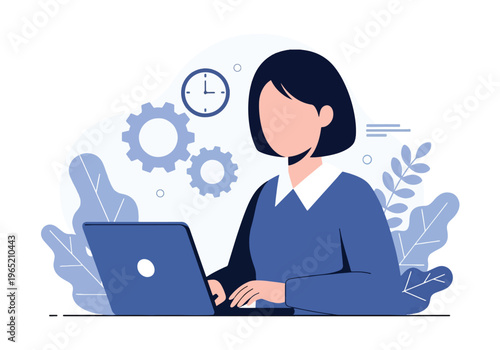 Modern flat vector illustration of employees working with gears and clock icons, productivity improvement and time management concept