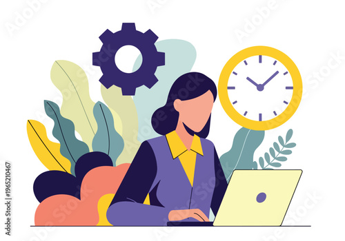Modern flat vector illustration of employees working with gears and clock icons, productivity improvement and time management concept