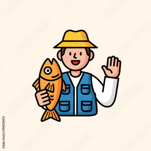 A cartoon-style fisherman, holding an orange fish. He wears a hat, vest, and raises his hand. Smiling cheerfully
