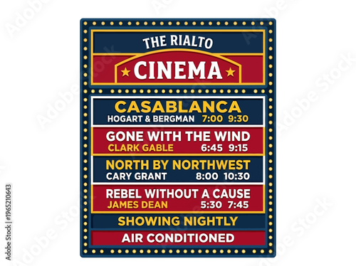 Nostalgic Classic Cinema Marquee Signboard Vector Illustration with Vintage Film Schedule and Showtimes
