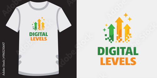 Digital levels t shirt design with arrows and pixels.