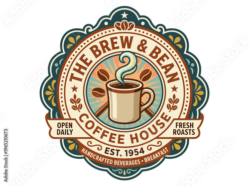 Retro American Coffee Shop Emblem Illustration Featuring a Steaming Hot Beverage Cup and Coffee Beans, Ideal for a Classic Cafe