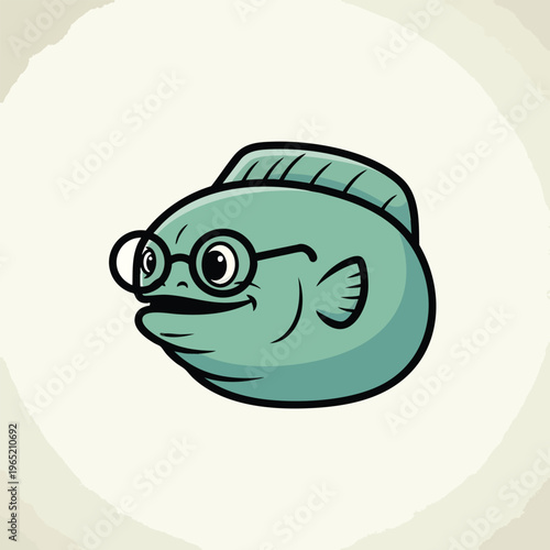 A cartoon-style illustration of a fish wearing glasses, depicted with a smile on a soft, rounded, textured background