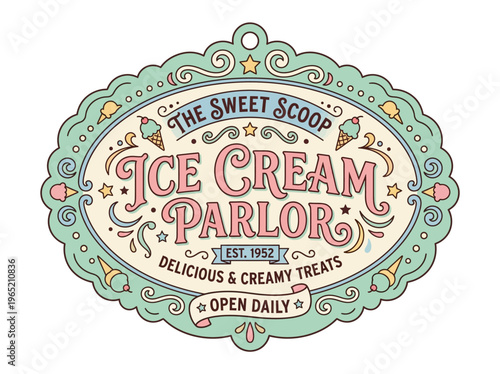 Charming vintage American ice cream parlor sign illustration, a retro graphic design for a sweet shop offering delicious treats daily.
