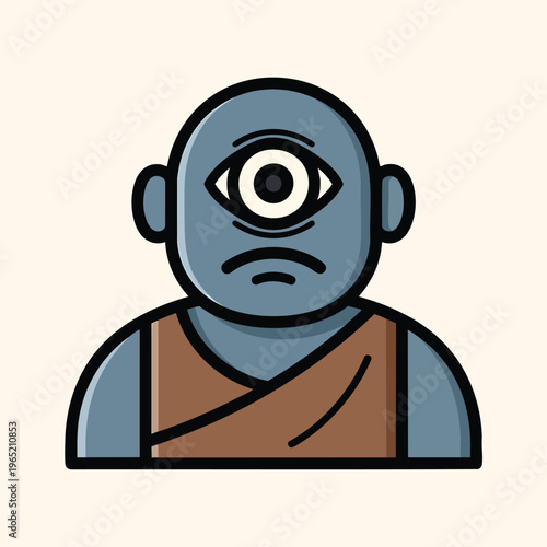 A cartoon-style cyclops. The blue-skinned figure with a single, large eye wears a brown, sleeveless tunic and has a slightly grumpy expression