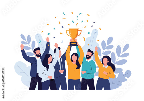 Modern flat vector illustration of employees celebrating company milestone with trophy and confetti, corporate achievement concept